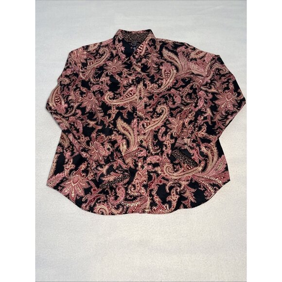 Chaps Women’s No Iron Flip Cuffs Button Down Pink Paisley Shirt Size Large - Picture 1 of 9